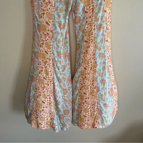 Free People Floral Wide Leg Pants in Peach and Blue - Picture 5 of 11